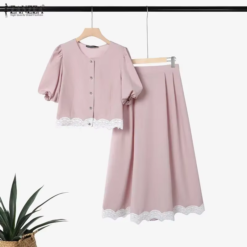 ZANZEA Ensemble de jupe et chemisier à manches bouffantes en dentelle vintage française