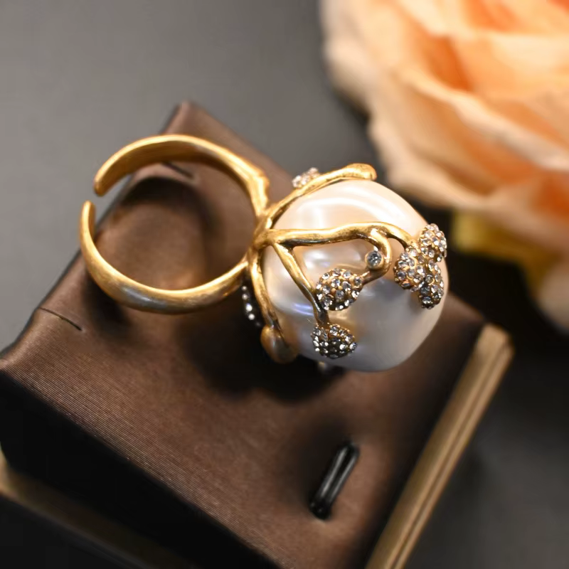 KEQIU – bague en laiton vintage sertie d'un clou de bourgeon de fleur de perle baroque haut de gamme