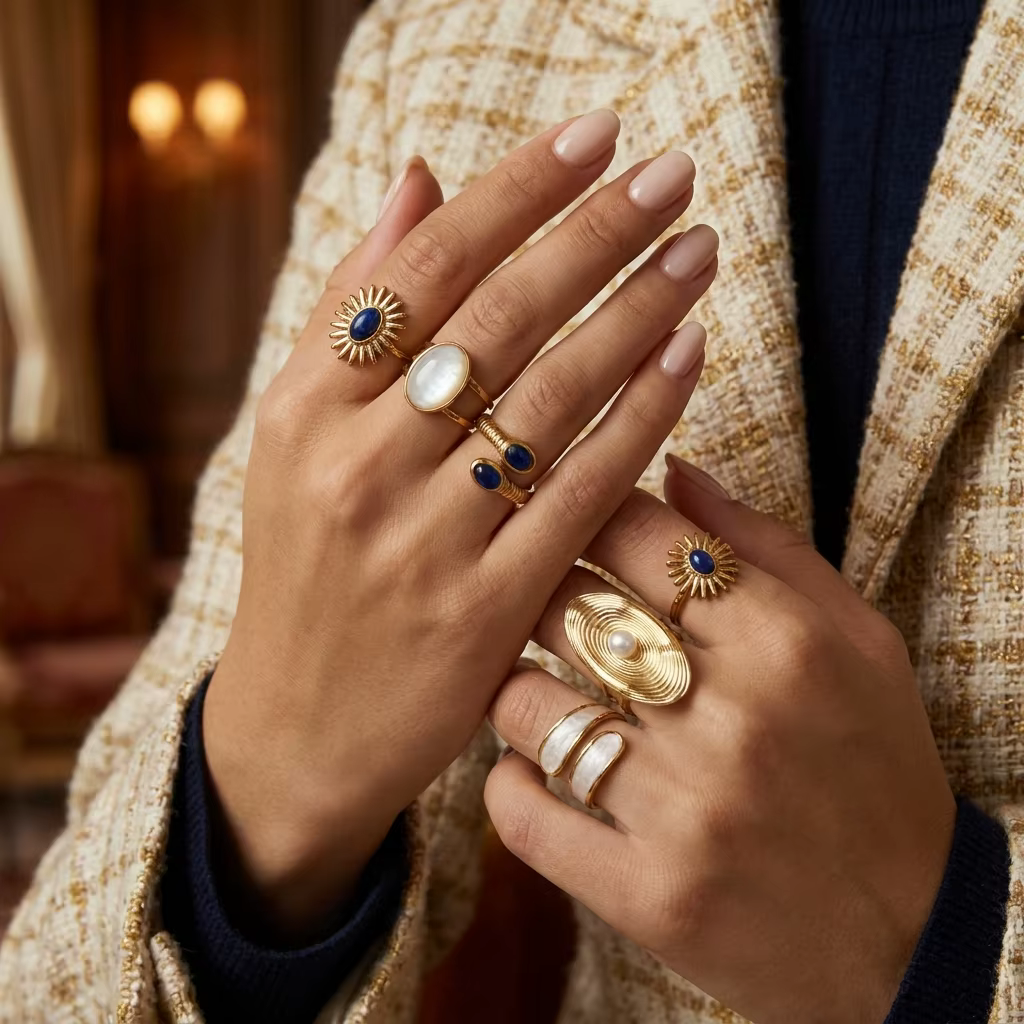 Bague ouverte vintage française en nacre pour femme