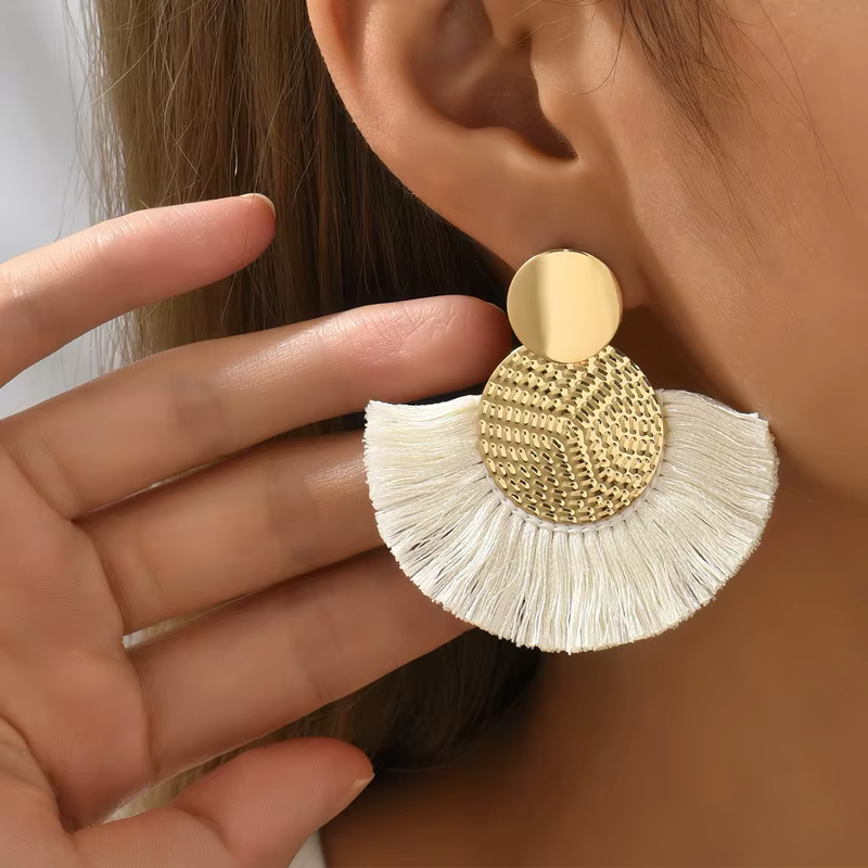 Mode bohème grand gland balancent blanc frange femme boucles d'oreilles