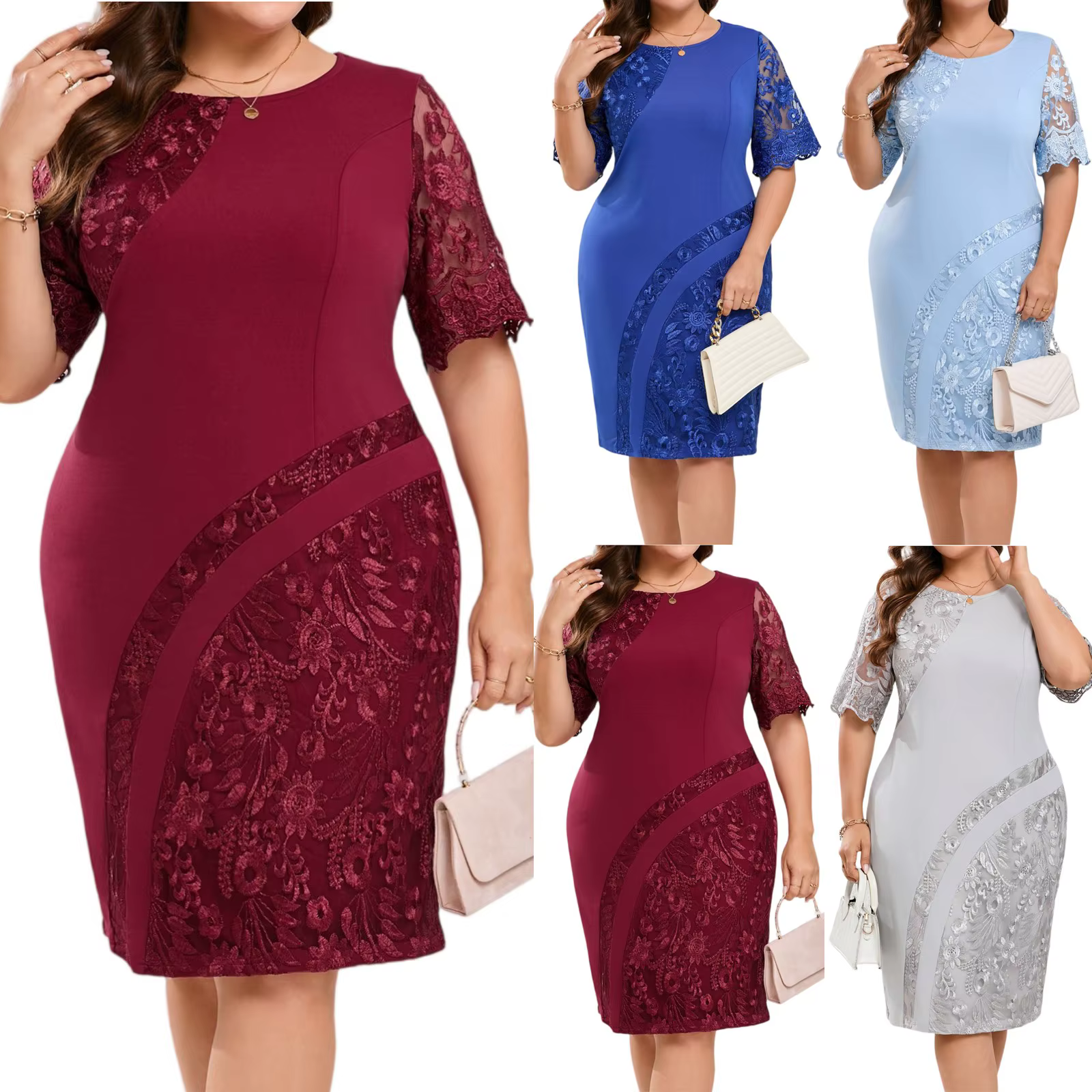 Robe élégante grande taille pour femme manches courtes épissées ​ ​ Robes de soirée brodées en dentelle