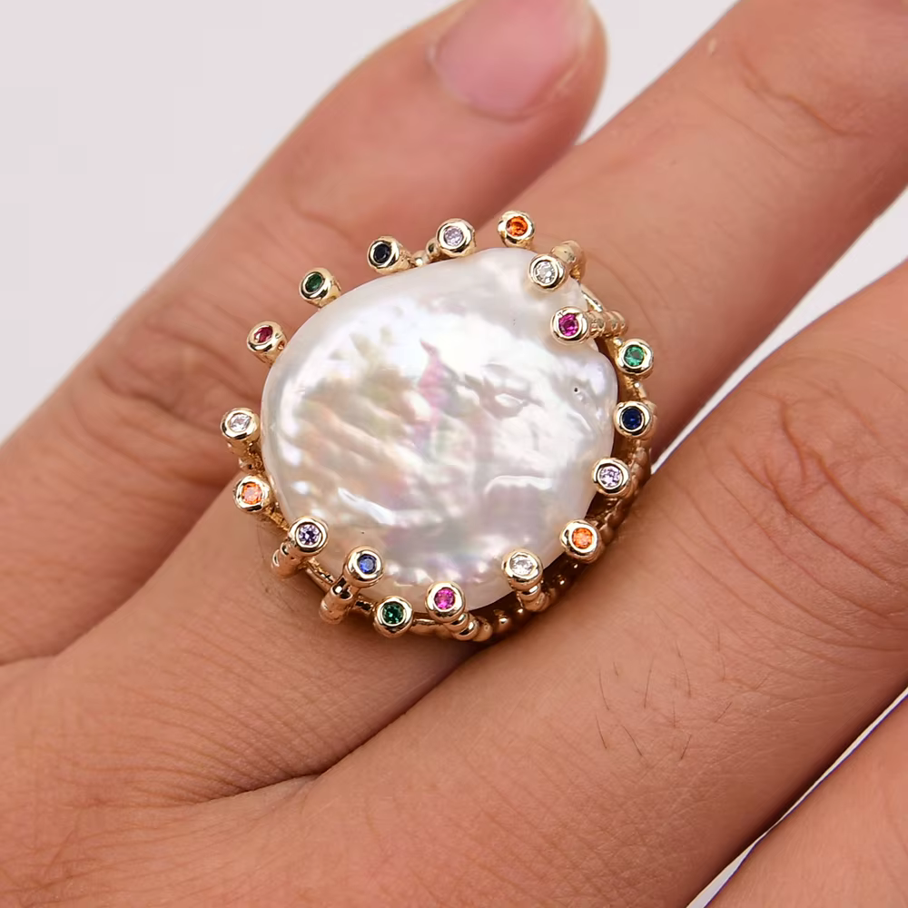G-G pièce de monnaie blanche de culture Keshi perle anneaux mélange couleur CZ pavé bague plaquée or pour les femmes bijoux de saint valentin