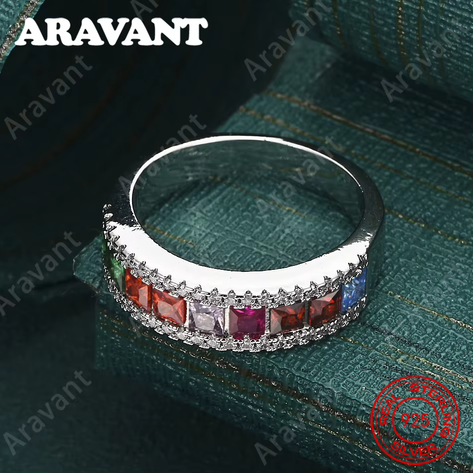 Bague ronde en argent sterling 925 avec zircone diamantée arc-en-ciel pour femme