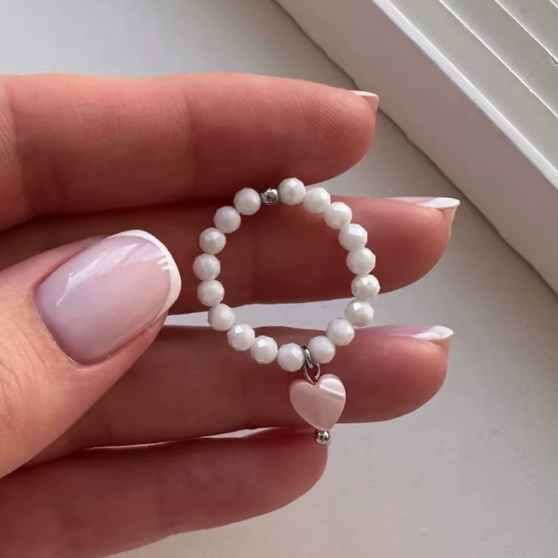 Vintage amour coeur pendentif anneaux chaîne de perles cordon élastique coquille