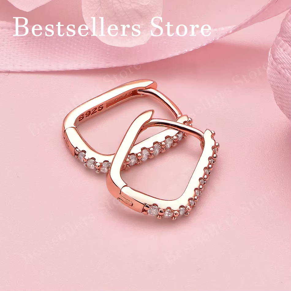 Clip d'oreille carré en argent sterling 925/or rose avec zircon exquis pour femme