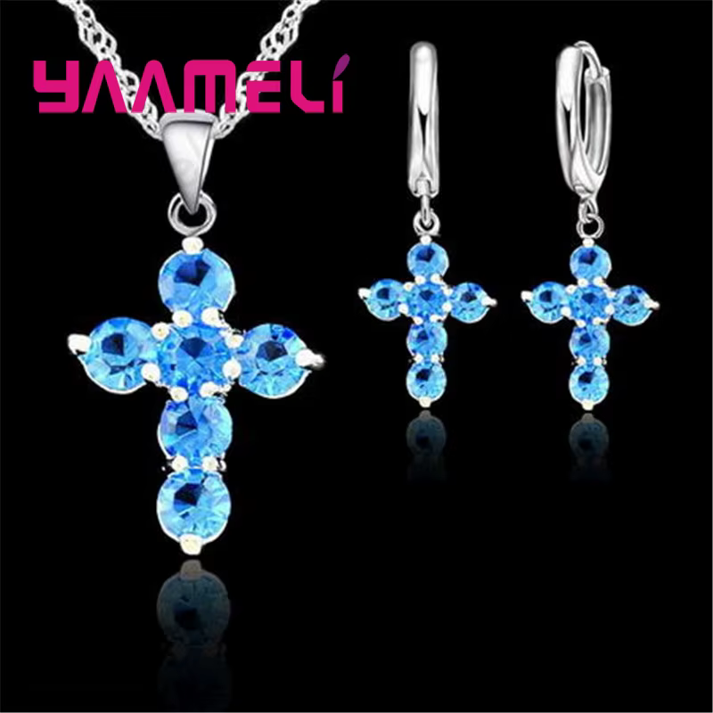 925 argent Sterling cristal autrichien croix pendentif collier boucles d'oreilles cerceau ensembles de bijoux brillant AAA Zircon 10 couleurs