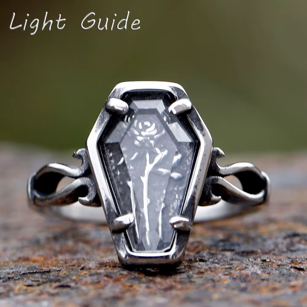 Bague cercueil avec fleur et verre pour homme et femme