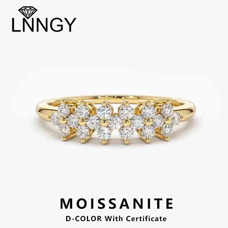 Lnngy 2mm Moissanite bague avec certificat 925 en argent Sterling grappe fleur anneaux de mariage pour les femmes 14k plaqué or bijoux