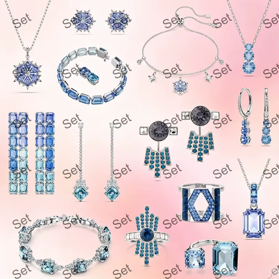 Collection de bijoux raffinés 2026 Dazzling Blue Crystal : Parure tendance pour femme (collier, boucles d'oreilles, bracelet, bague)