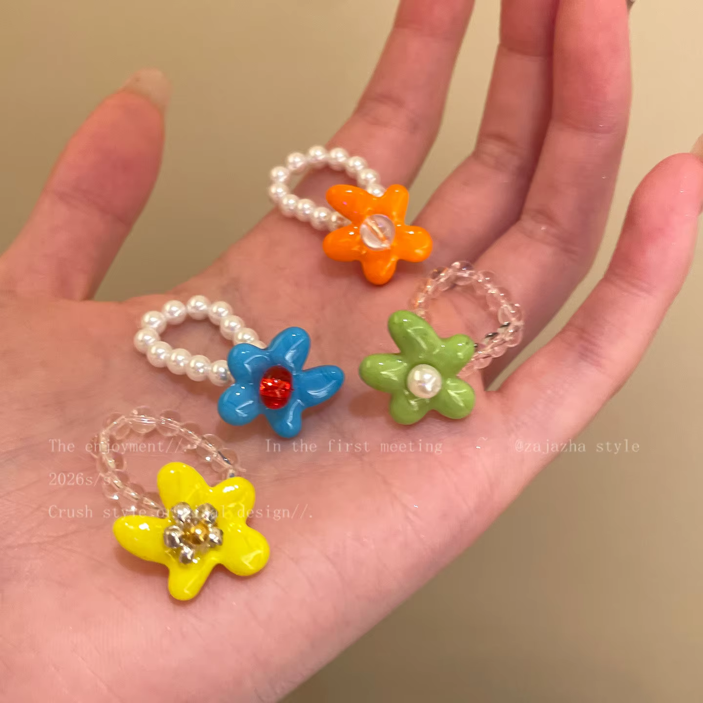 Bague perlée à fleurs colorées, bijoux pour les vacances d'été