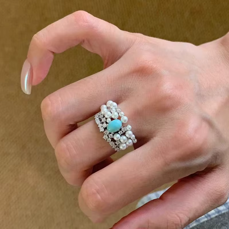 Bague vintage en argent 925 avec diamant incrusté de perles turquoise
