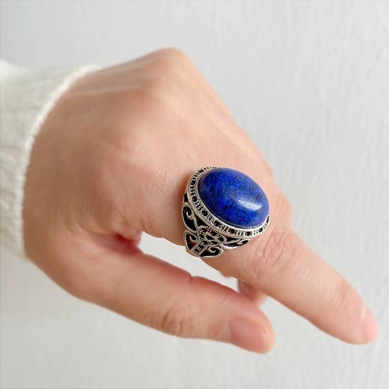 Bagues vintage en argent plaqué avec pierres naturelles | Bague rétro ovale en œil de tigre