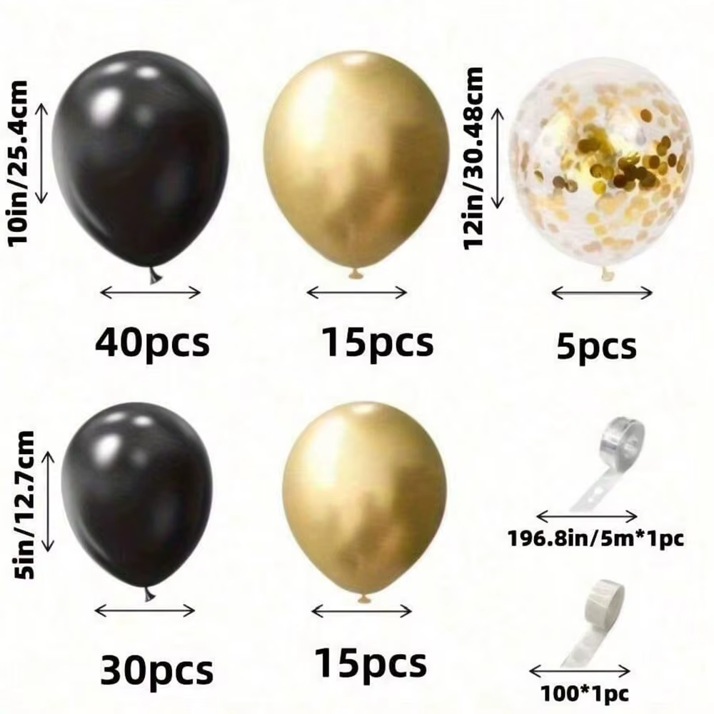 Kit de guirlande de ballons confettis noirs et dorés pour décorations de fête d'anniversaire