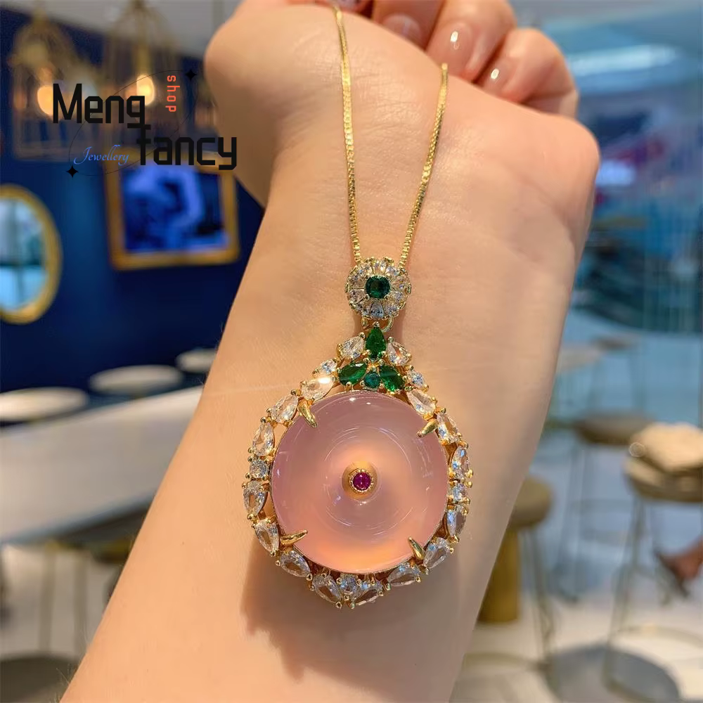 Pendentif en pierre de calcédoine rose naturelle incrustée d'agate verte de paix
