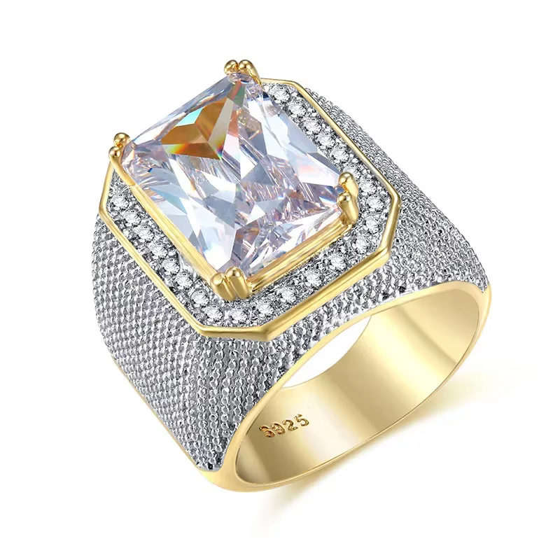 Bagues de mode carrées grande largeur chevalière anneaux 14K couleur or homme doigt cubique zircone