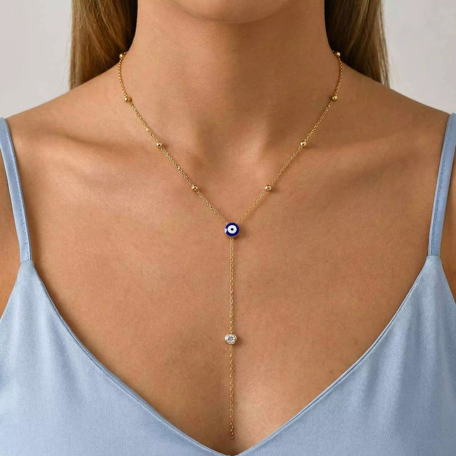 Collier Y Œil Turc en Acier Inoxydable Plaqué Or