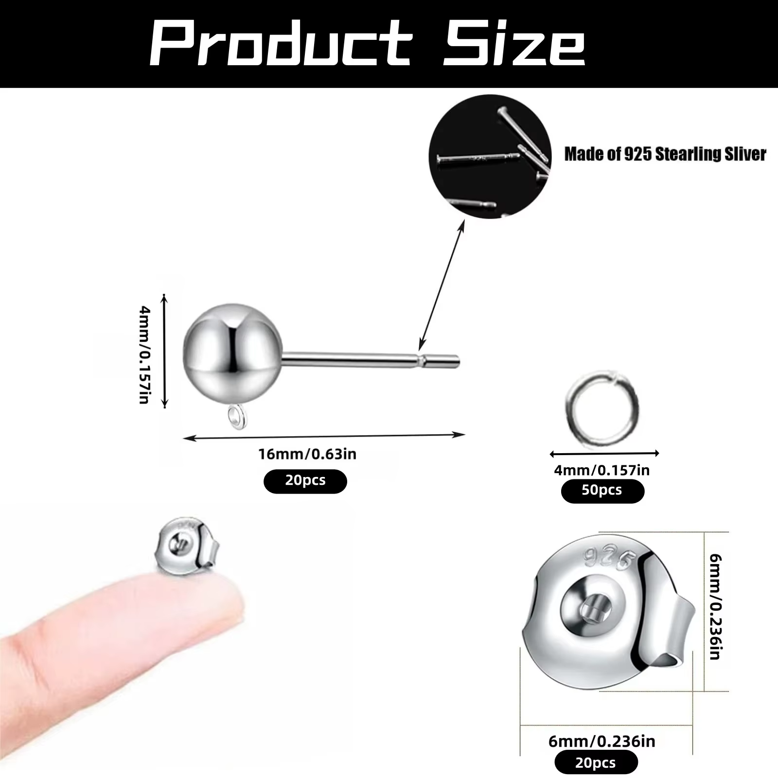 Lot de 20 clous d'oreilles en argent 925 | Taille 4x16 mm avec dos de 6 mm et anneaux de saut 50x4 mm | Kit de