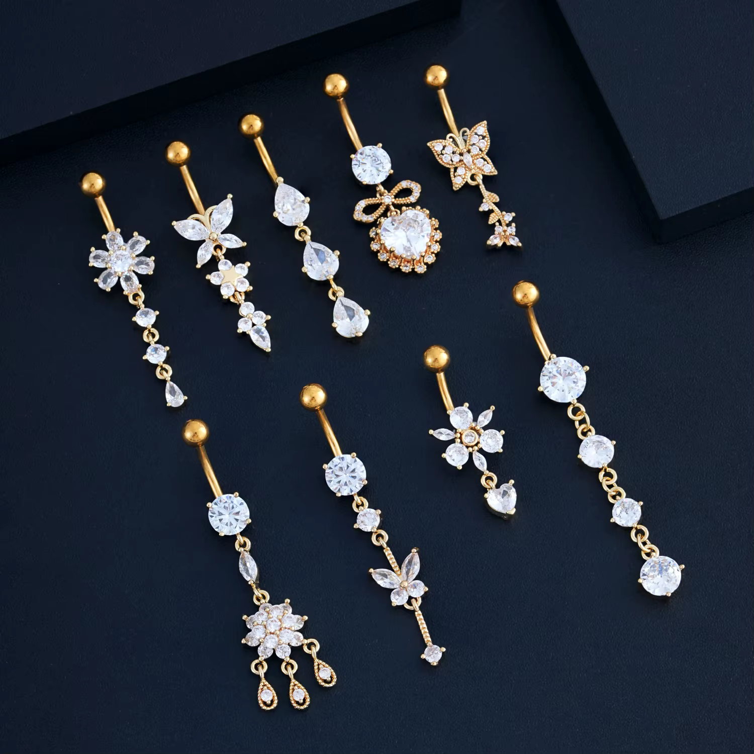 14G Long incurvé pendant Nombril Umbigo pour femmes filles goutte d'eau fleur pendentif Sexy