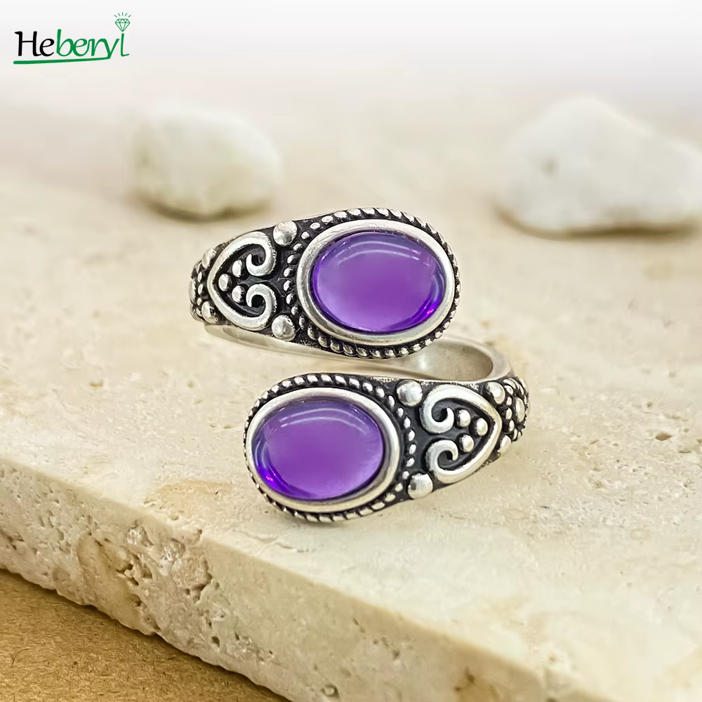 Bague vintage en argent 925 avec améthyste naturelle 6*8mm