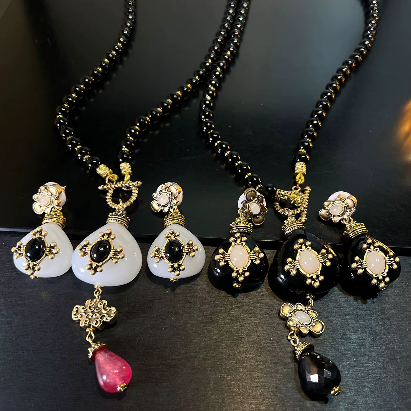 Ensemble collier et boucles d'oreilles vintage en agate à double et simple couche pour femmes