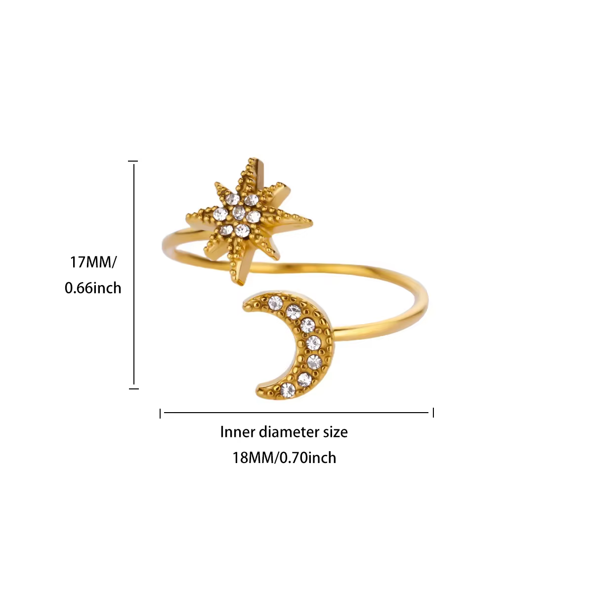 Bagues délicates étoile et lune en zircon pour femme