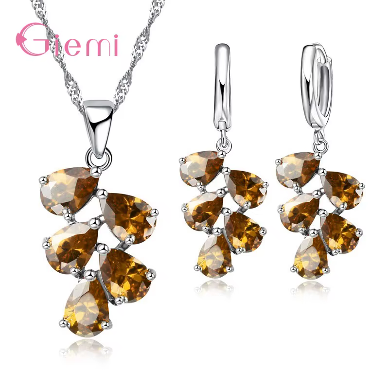 Pur 925 argent Sterling vigne goutte d'eau zircon cubique pendentif collier boucles d'oreilles ensembles de bijoux pour les femmes cadeaux de fiançailles de fête