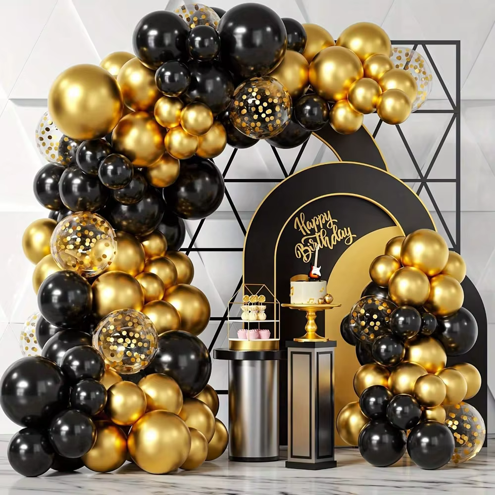 Kit de guirlande de ballons confettis noirs et dorés pour décorations de fête d'anniversaire