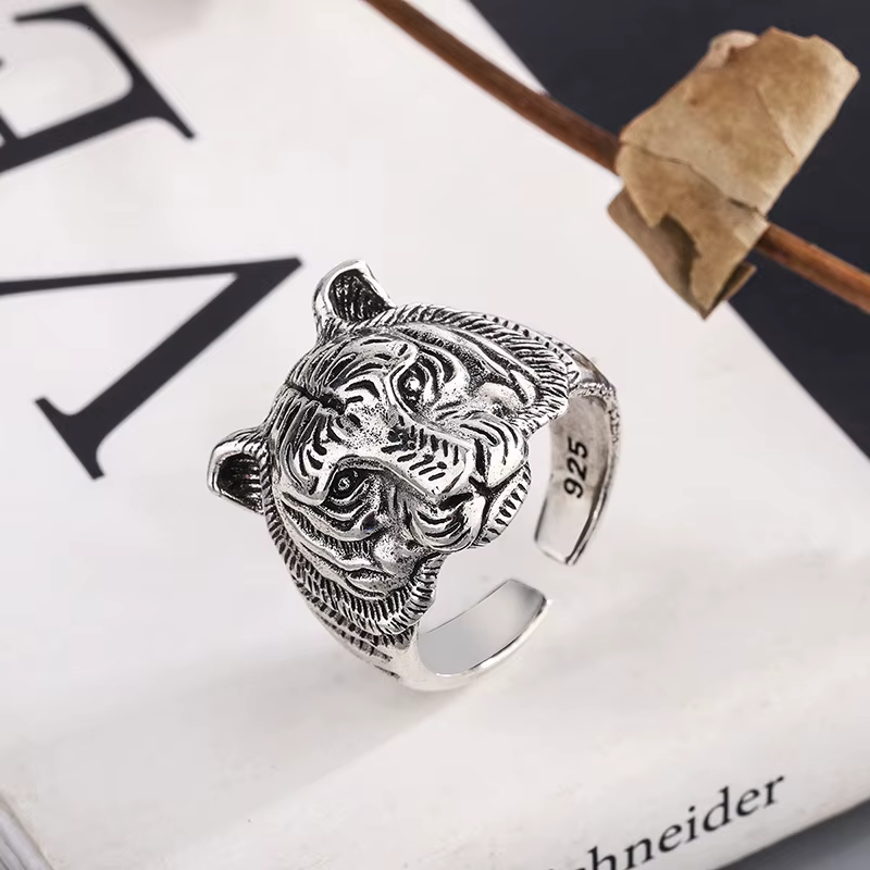 Bagues réglables en forme de tigre en argent Sterling 925 pour femmes et hommes