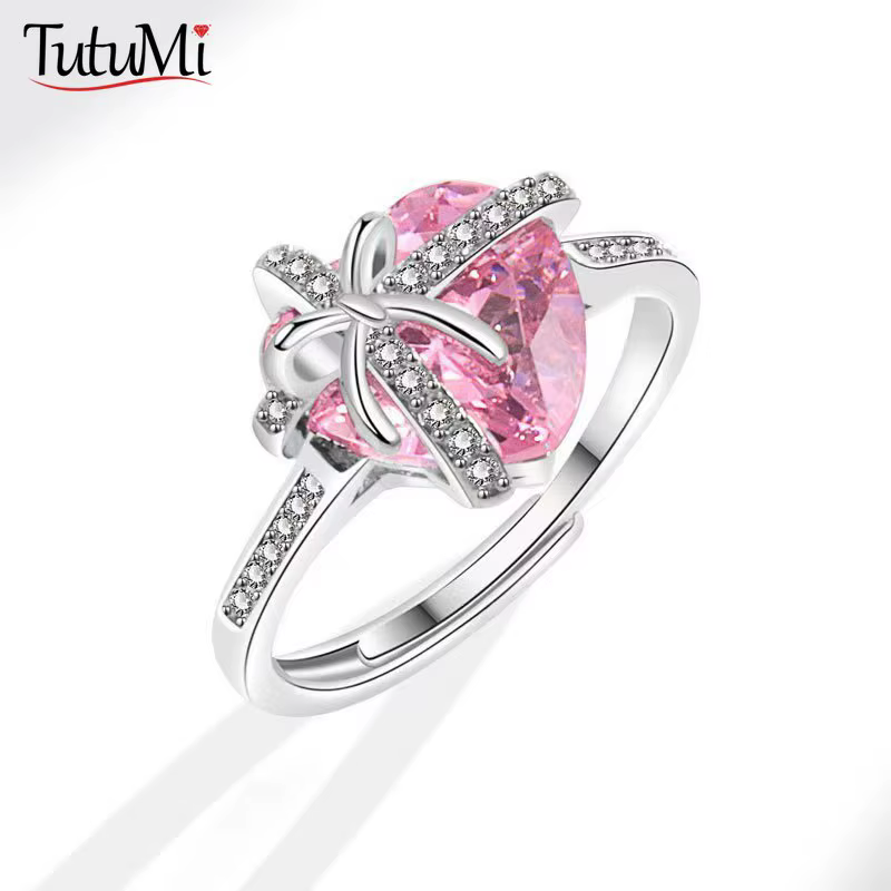 Bague coeur rose femme avec diamants noeud