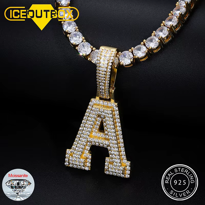 Moissanite A-Z Lettre Bijoux Collier Femmes Iced Out Prong Pendentif Personnalisé Charms Ared Super Star Hip Hop Punk