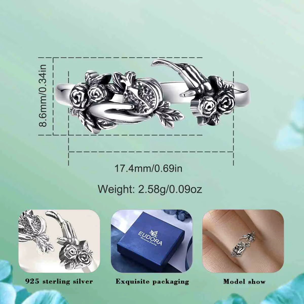 Bague ajustable Eudora en argent sterling 925, déesse sombre Persephone, bague crâne grenade, mythologie grecque, bijoux Wicca pour femmes