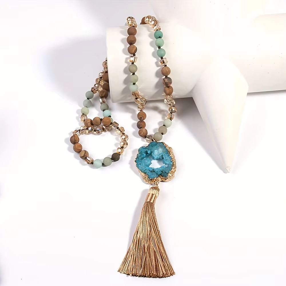Mode bohème bijoux pierres semi-précieuses nouées Druzy pierre liens gland colliers pour femmes Boho collier