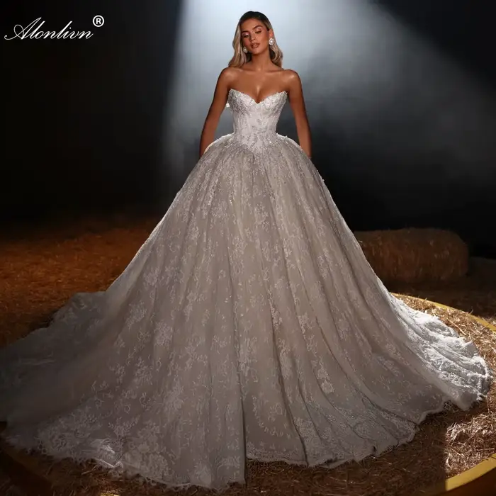 Alonlivn – robe de mariée en dentelle haut de gamme, sur mesure, style princesse, sans manches, plei