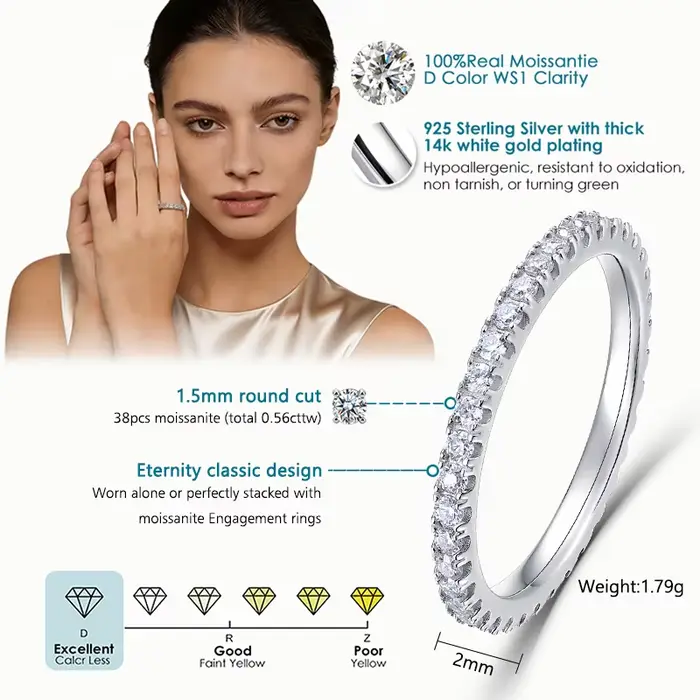 ALLNOEL 2mm bague Moissanite complète pour femmes couleur D VVS1 femme bague à queue unique 925 bagu