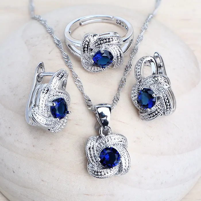 Ensembles de bijoux en zircon bleu pour femmes, en argent Sterling 925, Costume de mariage, bijoux,