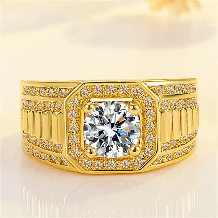Bague de fiançailles pour homme en or véritable 18 carats, 100% or jaune massif, entièrement sertie 