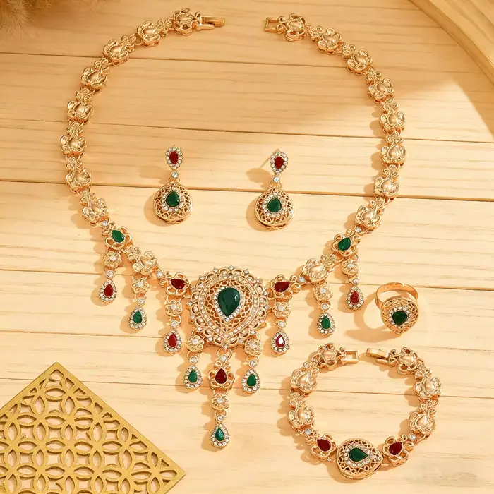 Ensemble de bijoux en forme de gouttelette rouge et verte, incrusté de strass, vintage, ethnique, ma